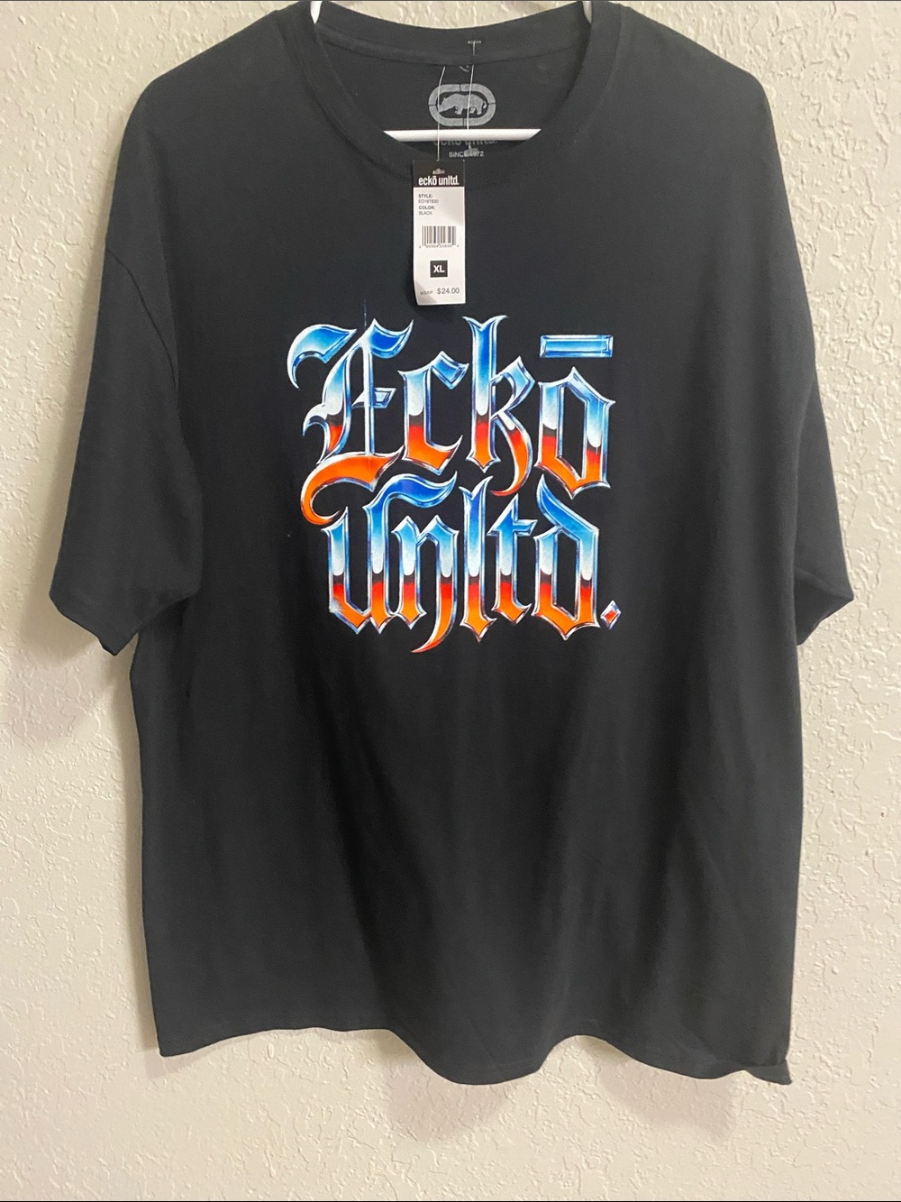 Ecko Unlimited Black Tee with Blue and Orange Gothic Logo